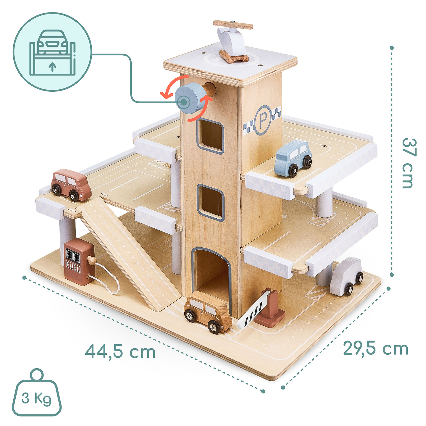 Leseno trinadstropno parkirišče z dvigalom - garaža za avtomobile in helikopter