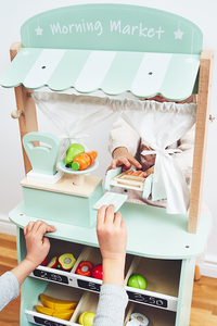 Velika lesena trgovina - stojnica in gledališče 2 v 1 s tehtnico, plačilnim terminalom, sadjem in zelenjavo