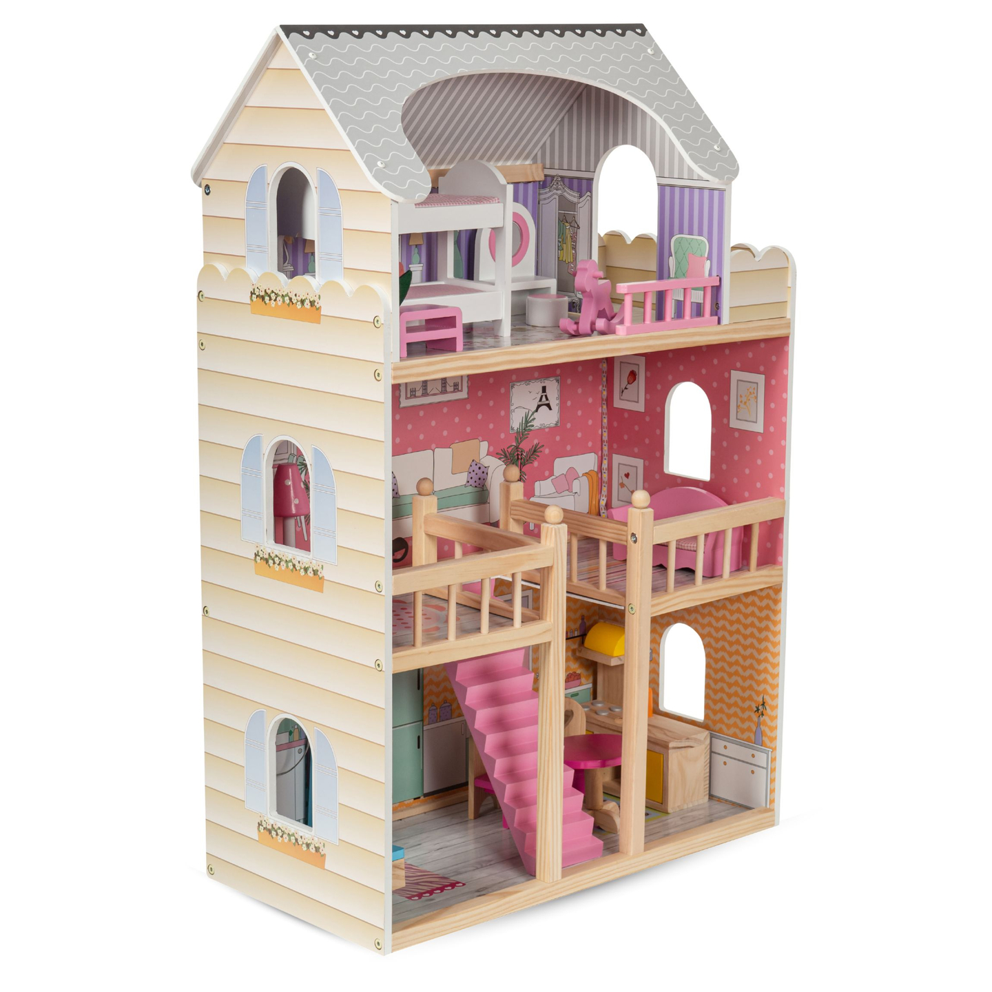 Velika lesena 3-nadstropna hiša za punčke s teraso, pohištvenim kompletom in LED osvetlitvijo!