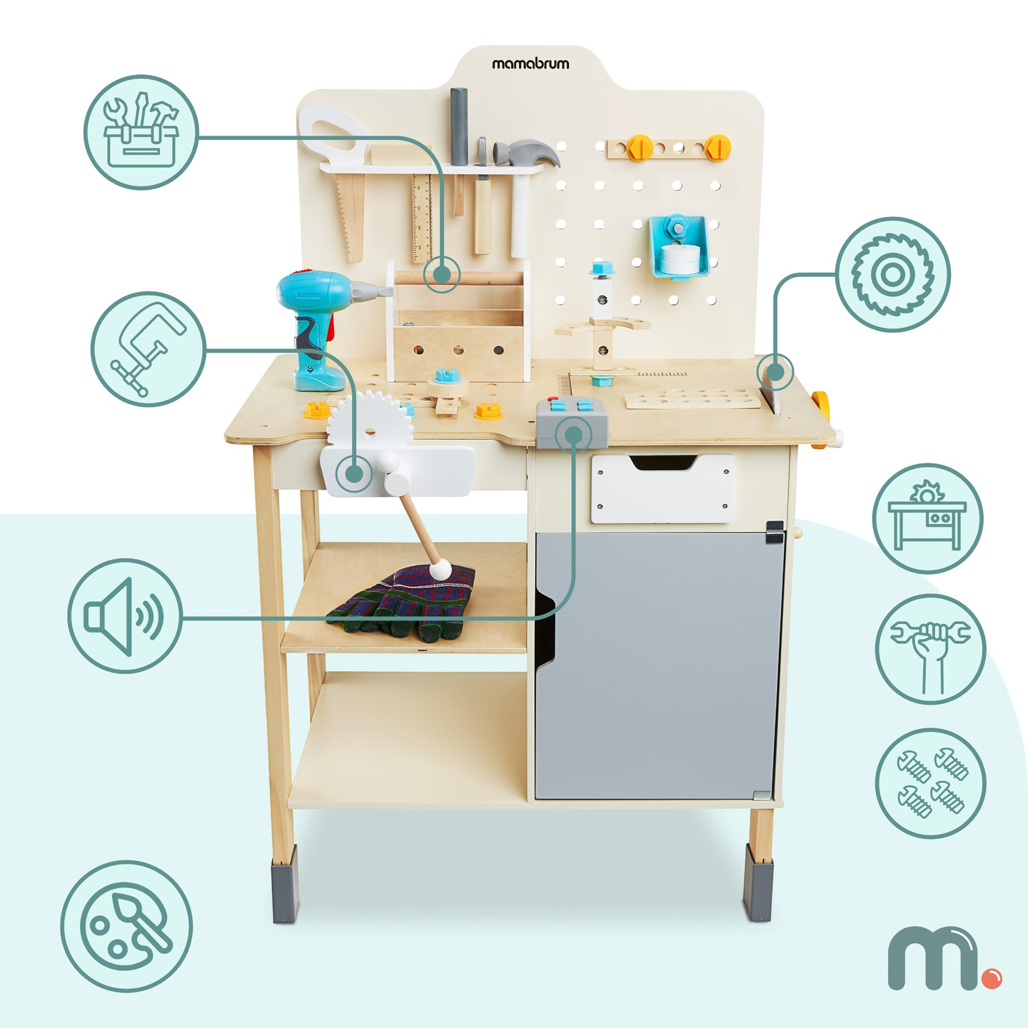 XXL Velika lesena delavnica z orodjem - set za domače mojstre, 74 elementov