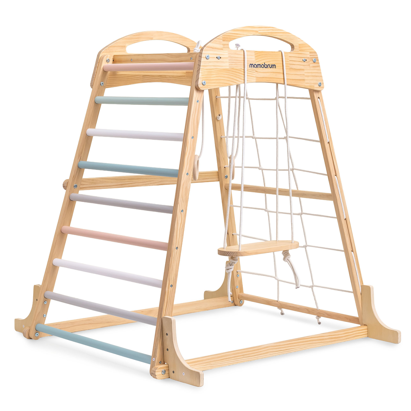 Leseno notranje igrišče z gugalnico, gimnastičnimi obroči in plezalno mrežo