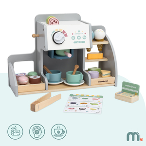 Velika lesena sladoledarna z magnetno tablo, aparatom za kavo ter setom za sladoled in sladice - več kot 70 kosov!