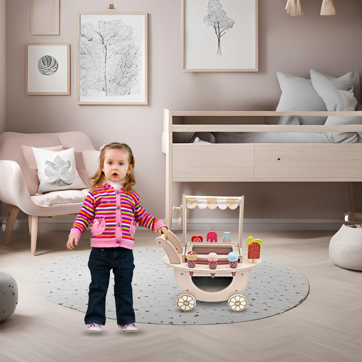 Lesena sladoledarna za otroke - voziček na kolesih z dodatki