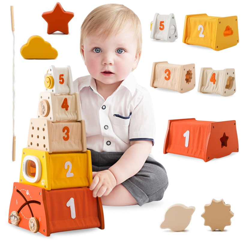 Montessori izobraževalna lesena piramida - sortirnik oblik, labirint, številke