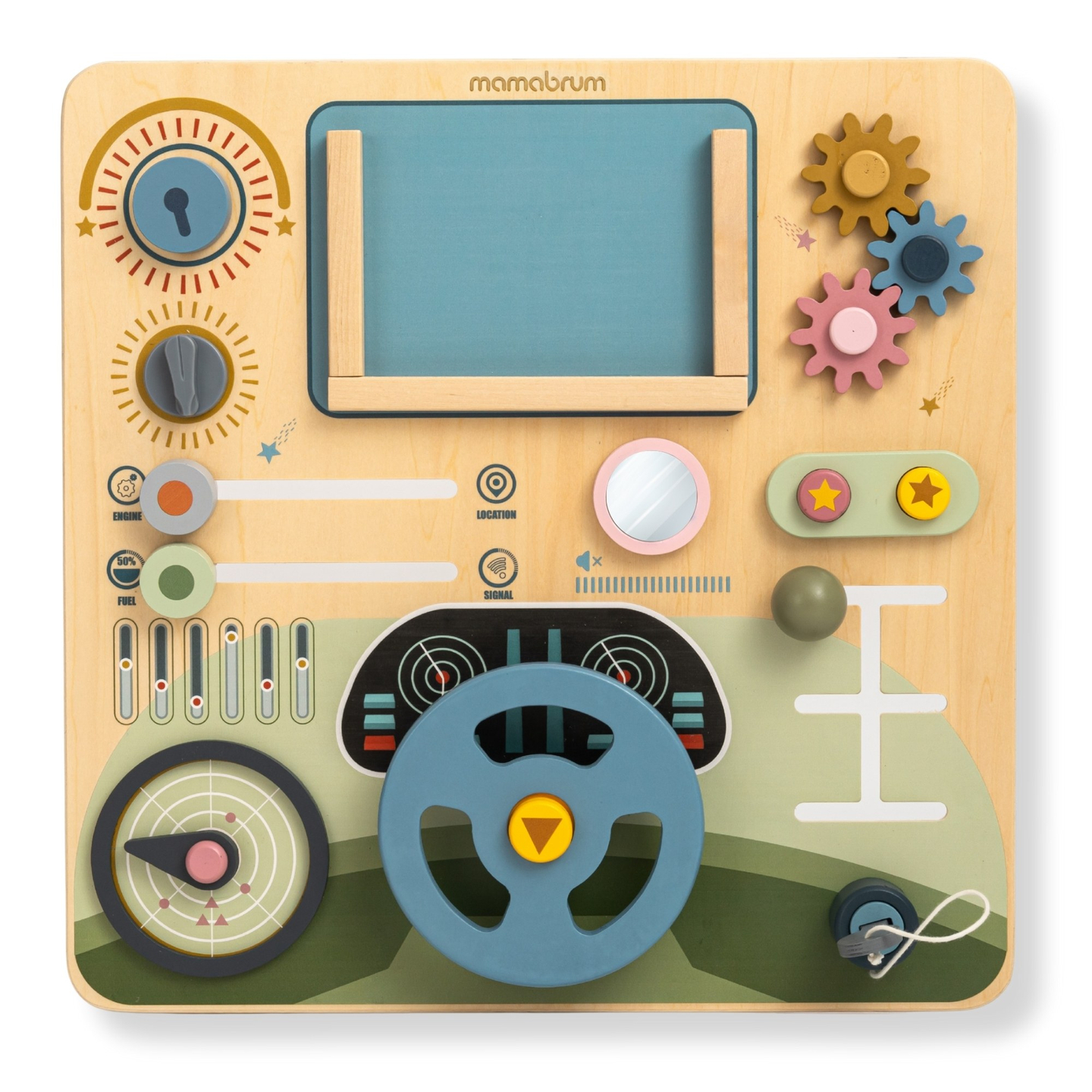 Lesena Montessori tabla 2 v 1 kokpit za malega voznika in pilota – volan, prestavna ročica, potovalni zemljevidi, radar
