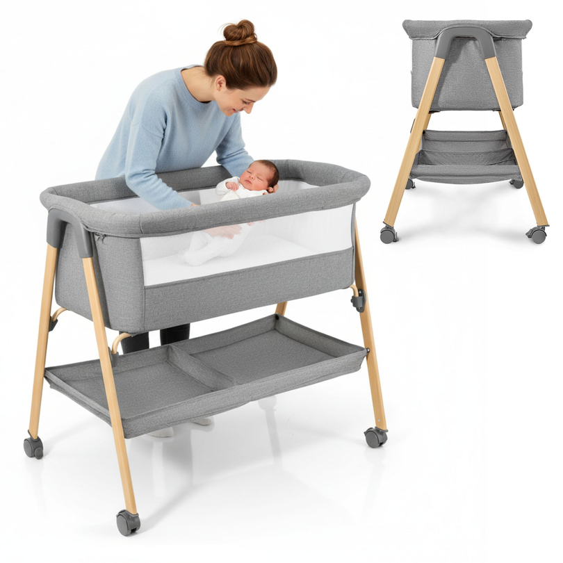 Otroška posteljica, samostoječa, potovalna posteljica, zibelka z vzmetnico - siva