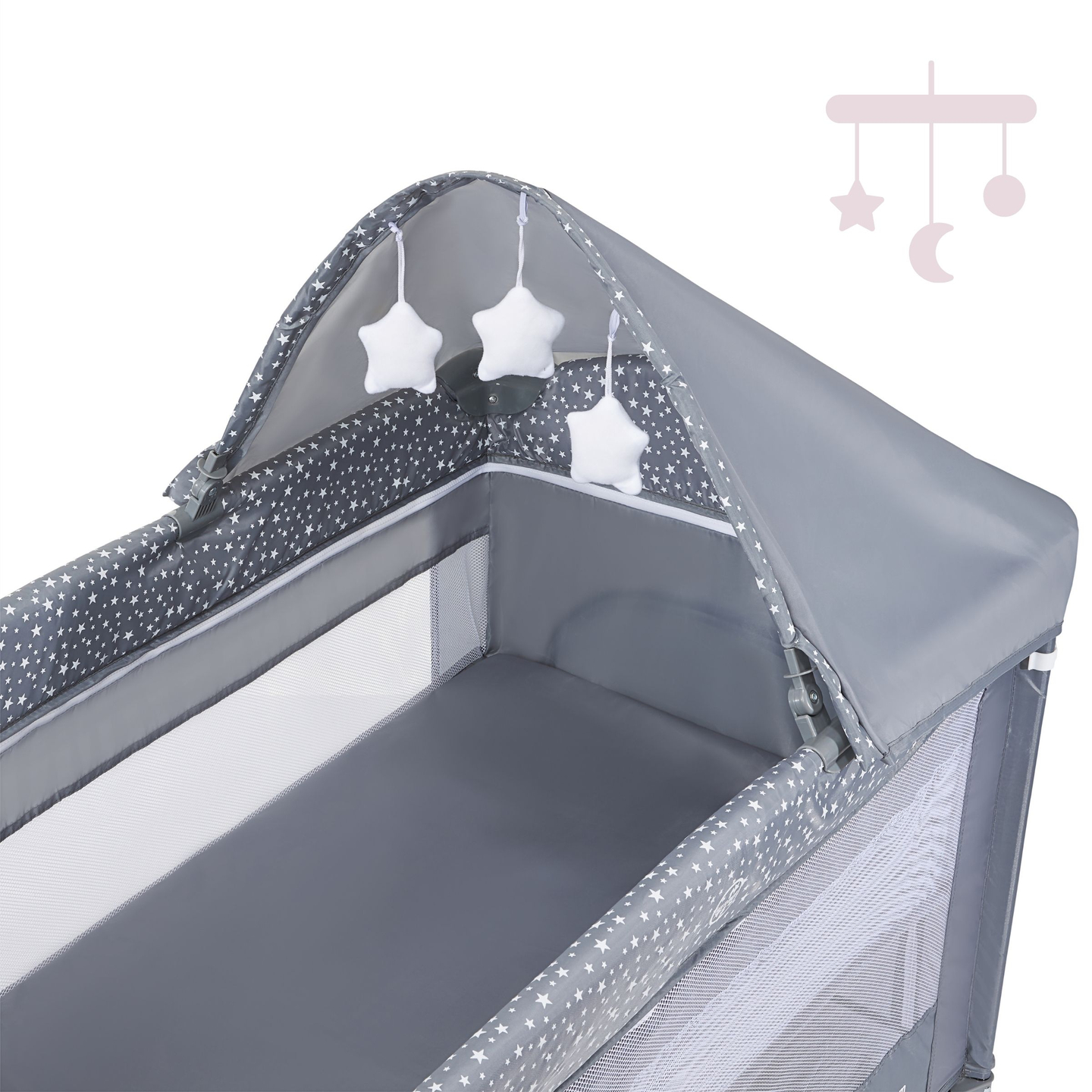 Potovalna posteljica/stajica 2 nivoja s previjalno mizo, streho in vzmetnico Happy Traveler BASIC PLUS - siva