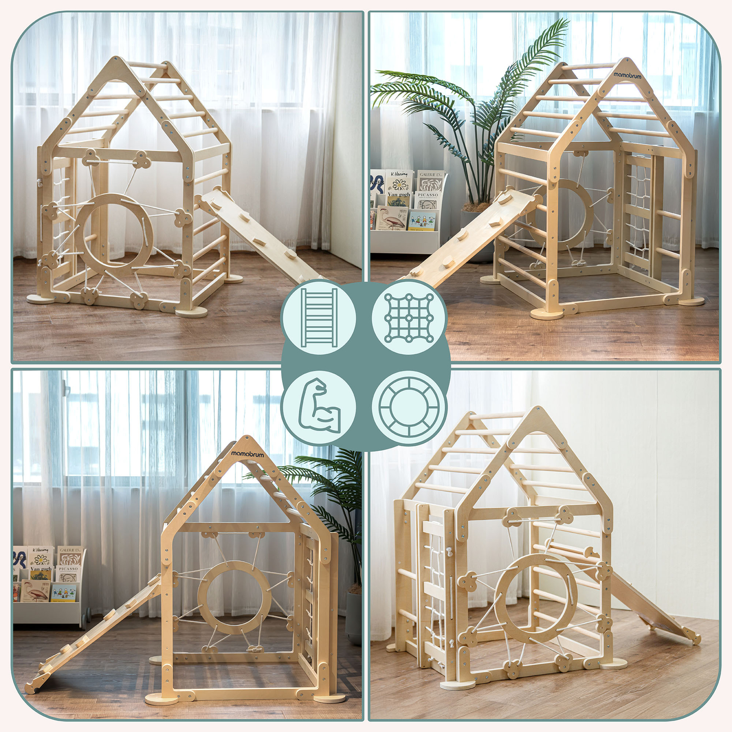 Leseno notranje igrišče za otroke - hišica z lestvami in toboganom