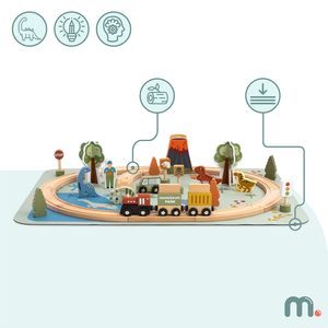 Lesen vlak Dino Park z nedrsečo podlogo - dinozavri, vlak, tiri, vulkan, zvonec