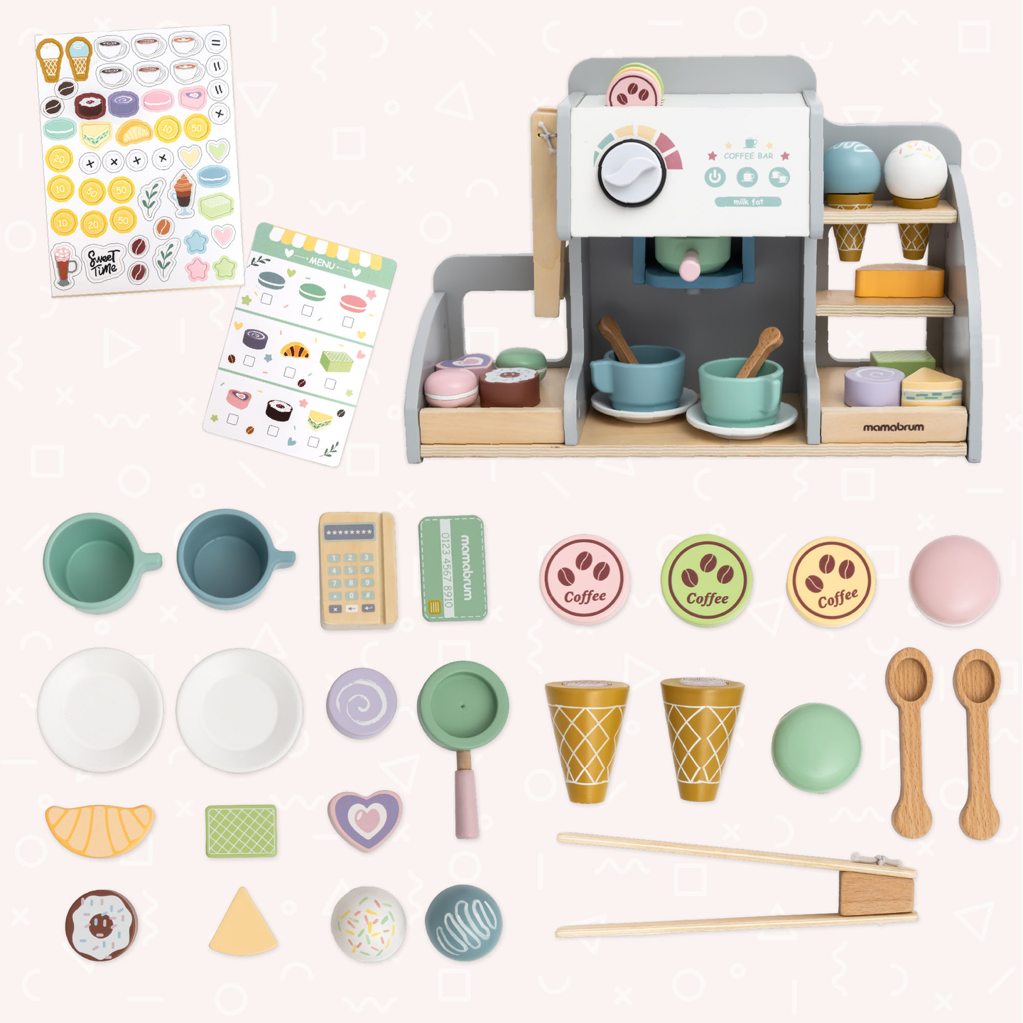 Velika lesena sladoledarna z magnetno tablo, aparatom za kavo ter setom za sladoled in sladice - več kot 70 kosov!