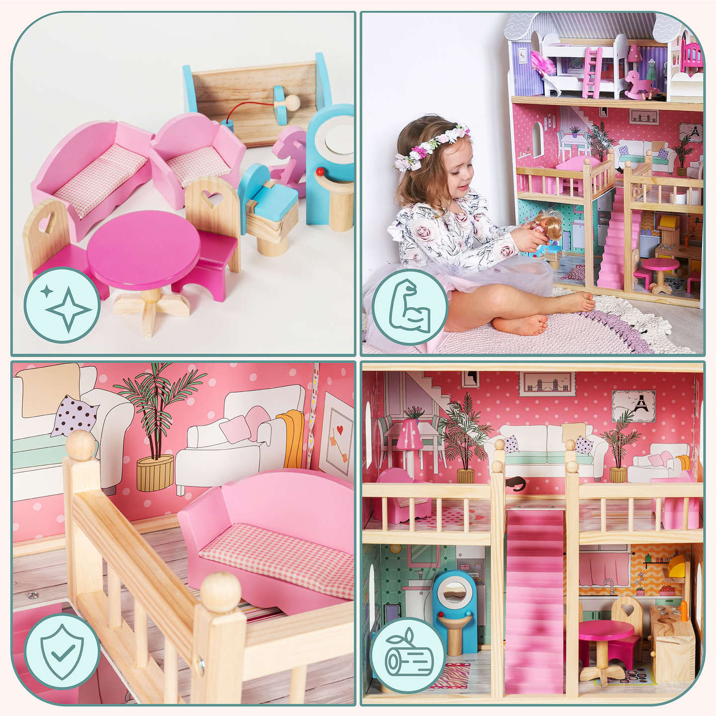 Velika lesena 3-nadstropna hiša za punčke s teraso, pohištvenim kompletom in LED osvetlitvijo!