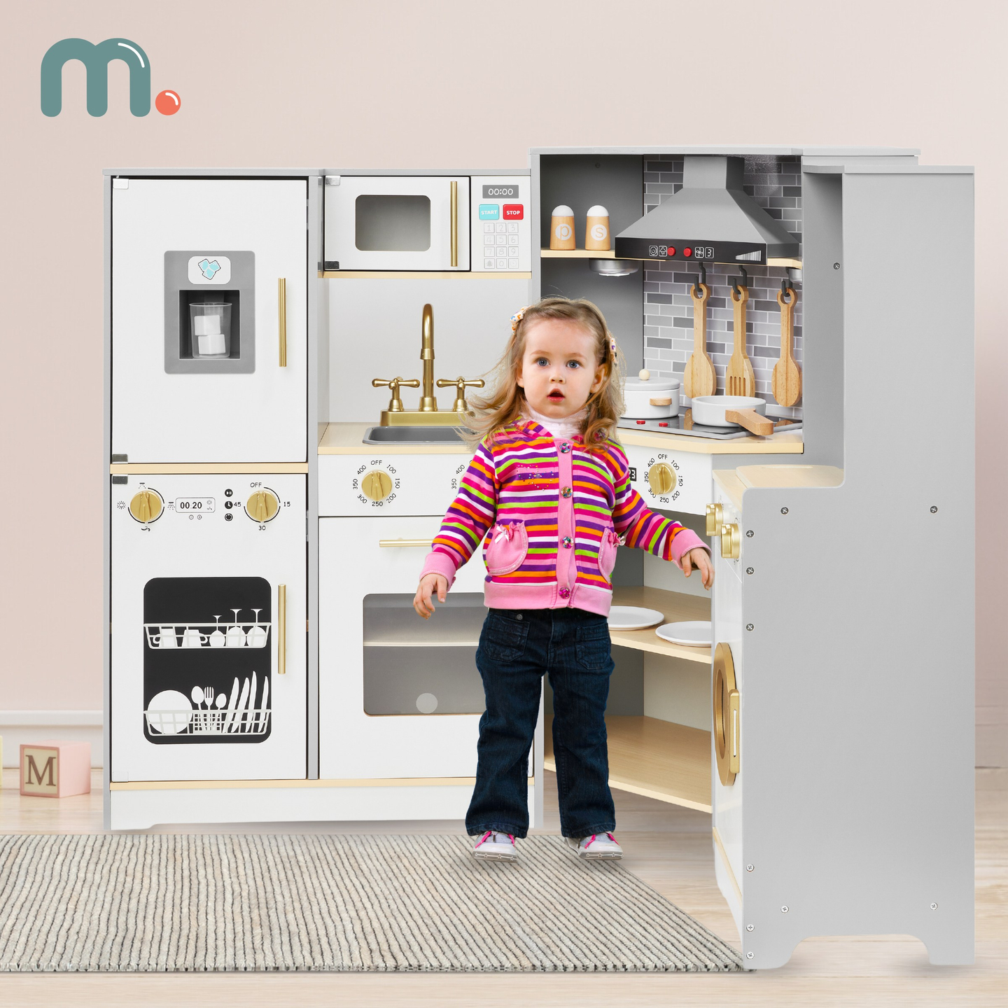 XXXL lesena interaktivna kuhinja z LED osvetlitvijo, napo in dodatki