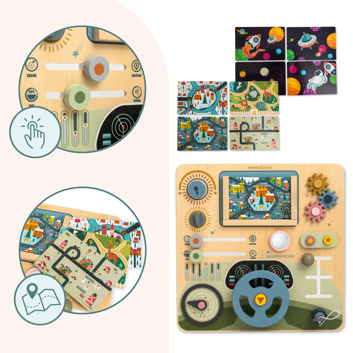 Lesena Montessori tabla 2 v 1 kokpit za malega voznika in pilota – volan, prestavna ročica, potovalni zemljevidi, radar