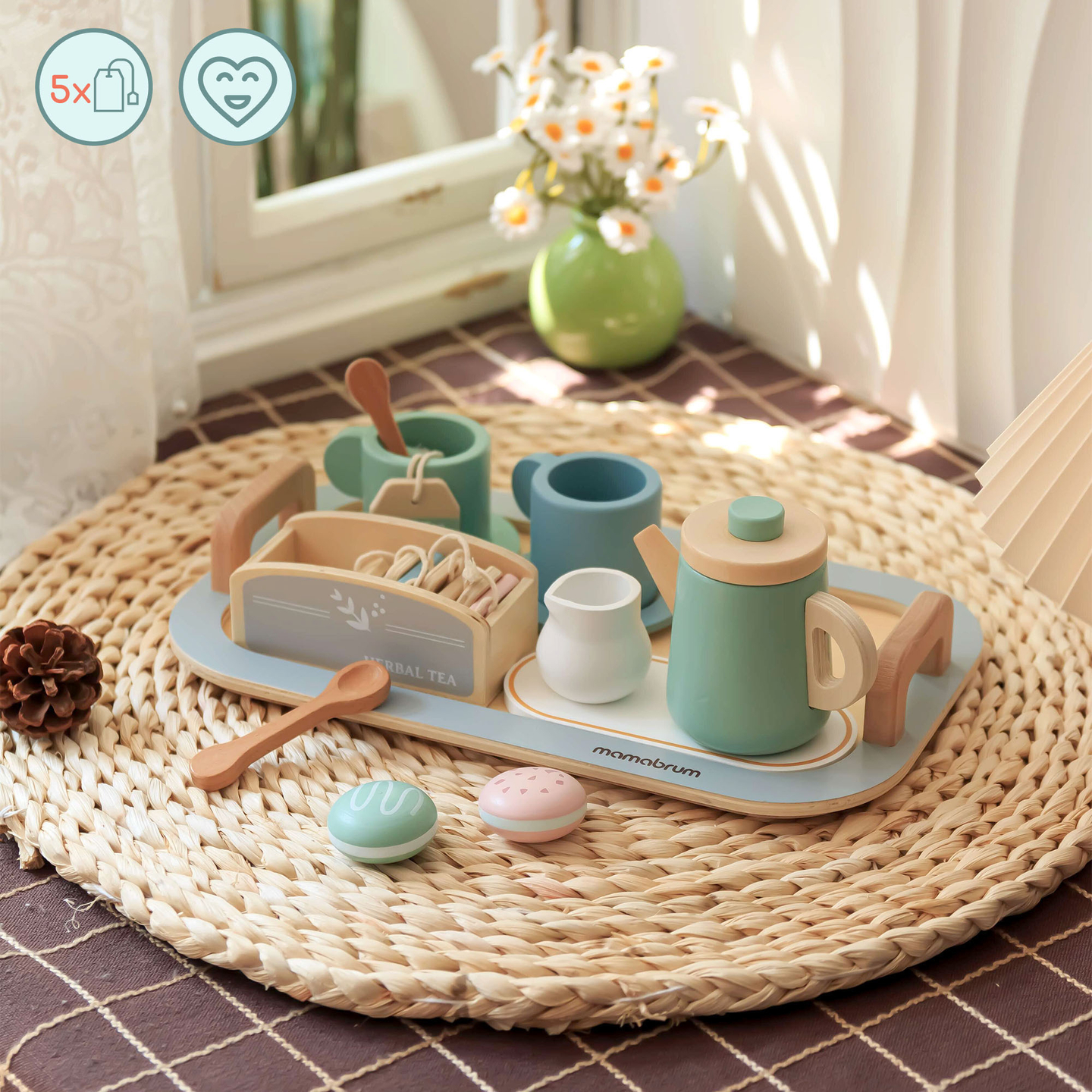 Velik lesen čajni set s pladnjem - 18 kosov