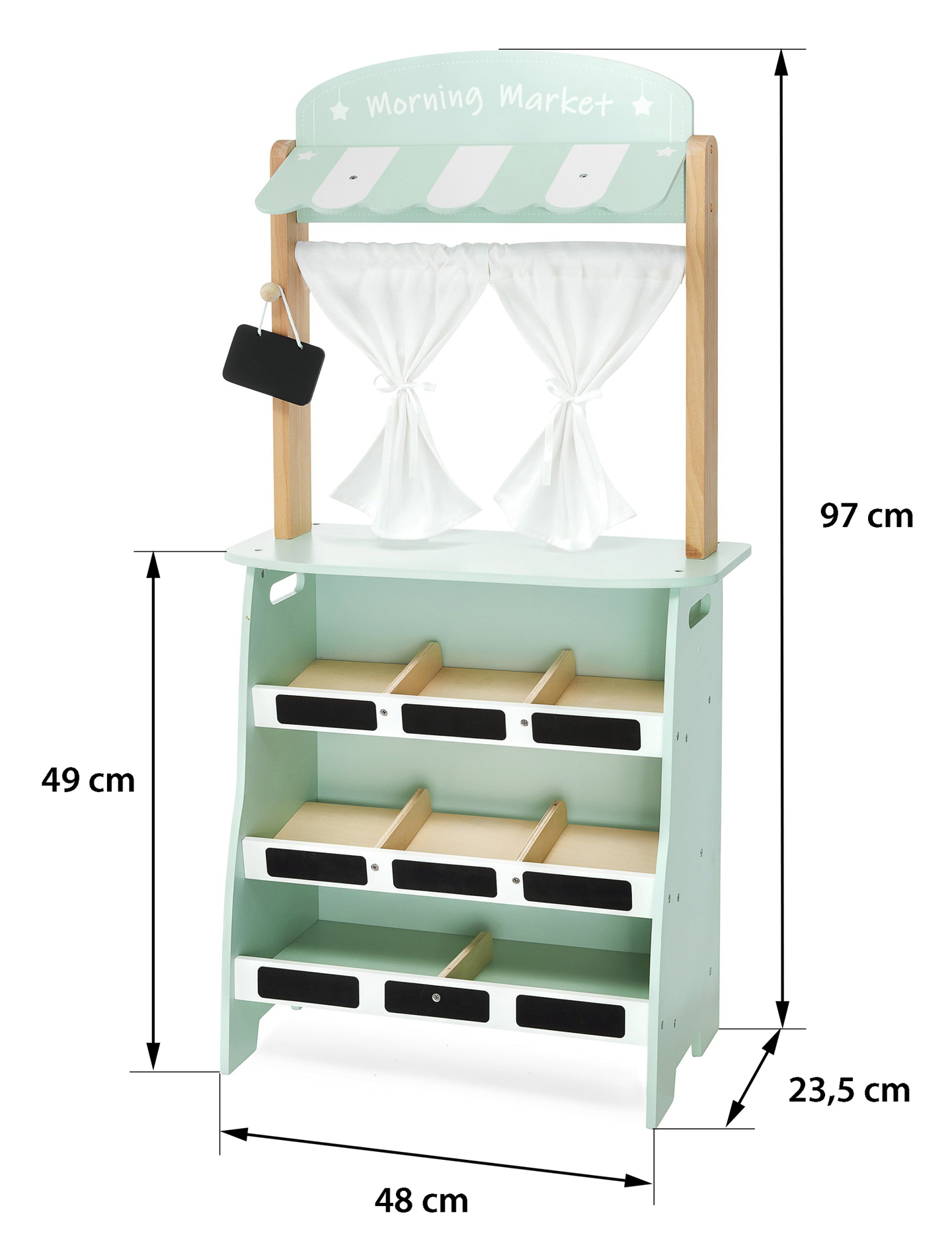Velika lesena trgovina - stojnica in gledališče 2 v 1 s tehtnico, plačilnim terminalom, sadjem in zelenjavo
