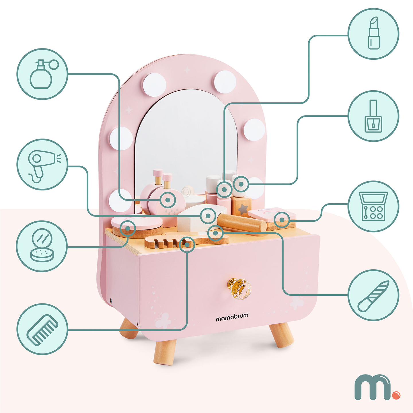 Lesena mini toaletna mizica za otroke z dodatki in LED osvetlitvijo z gladko nastavitvijo svetlosti