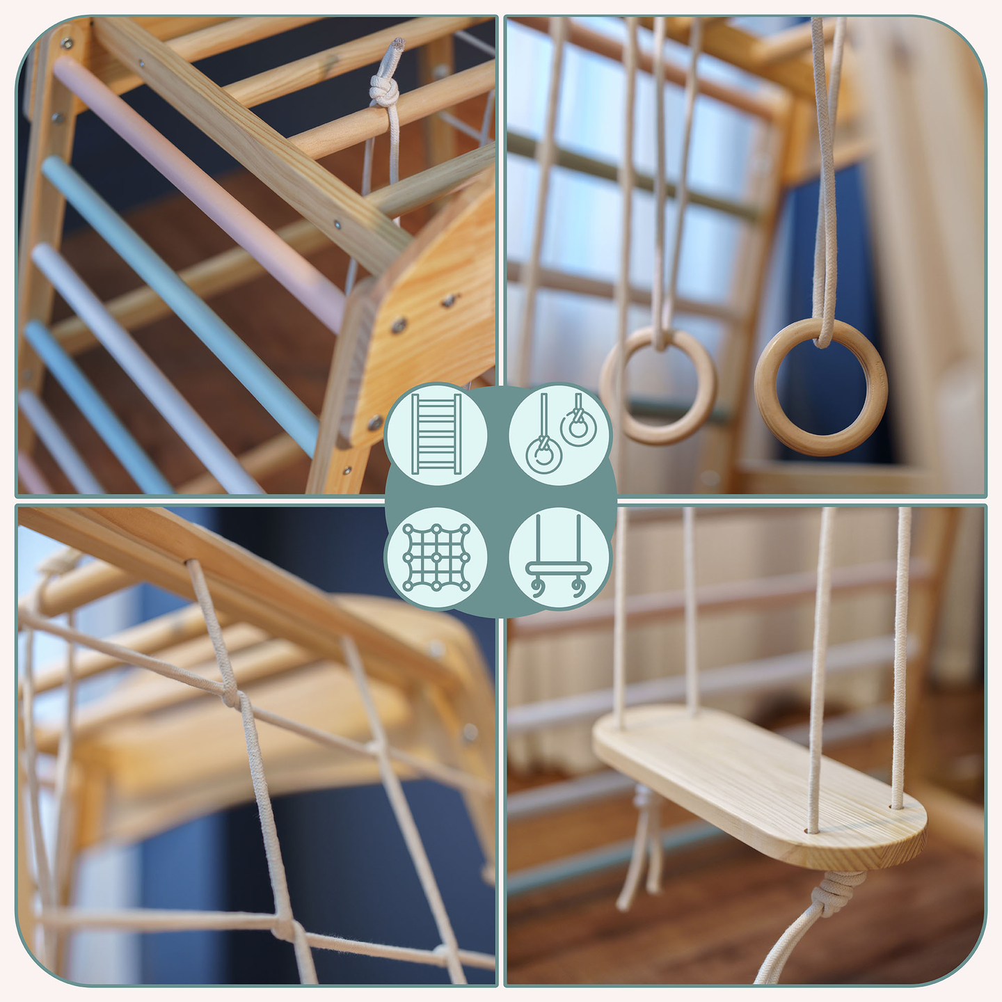 Leseno notranje igrišče z gugalnico, gimnastičnimi obroči in plezalno mrežo