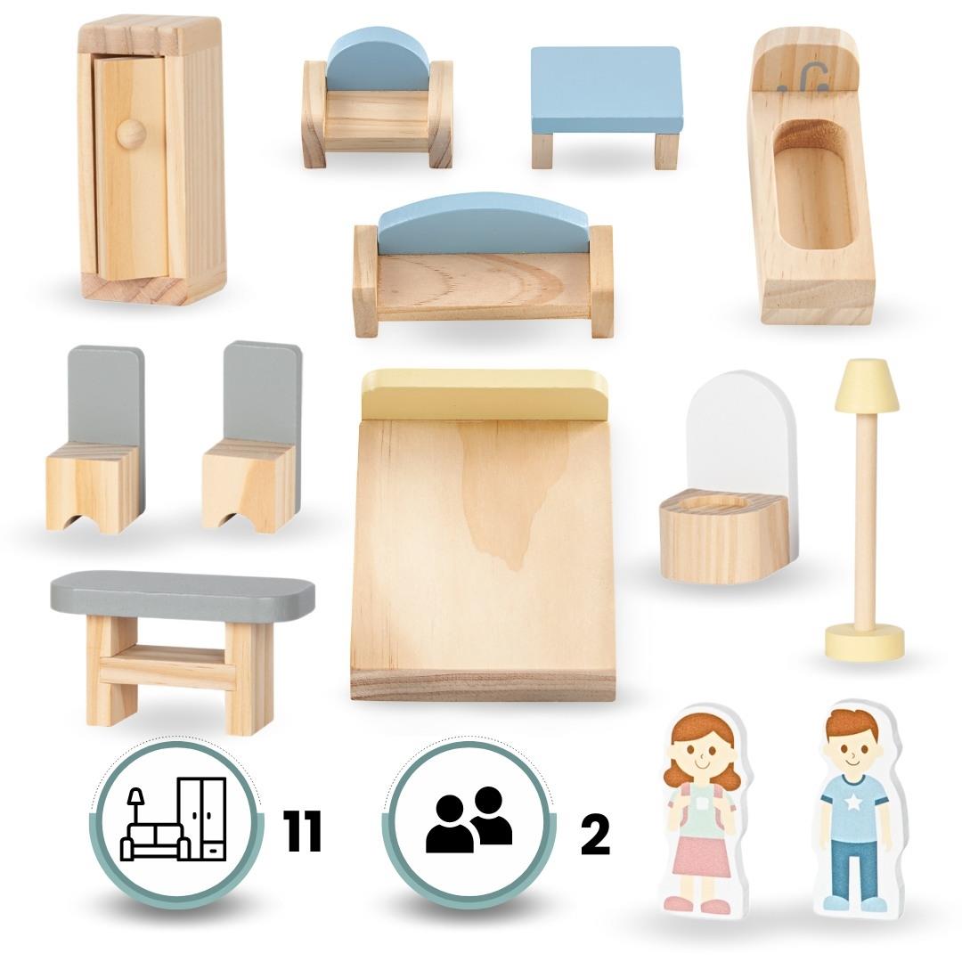 Bela lesena hišica za lutke s teraso in dodatki