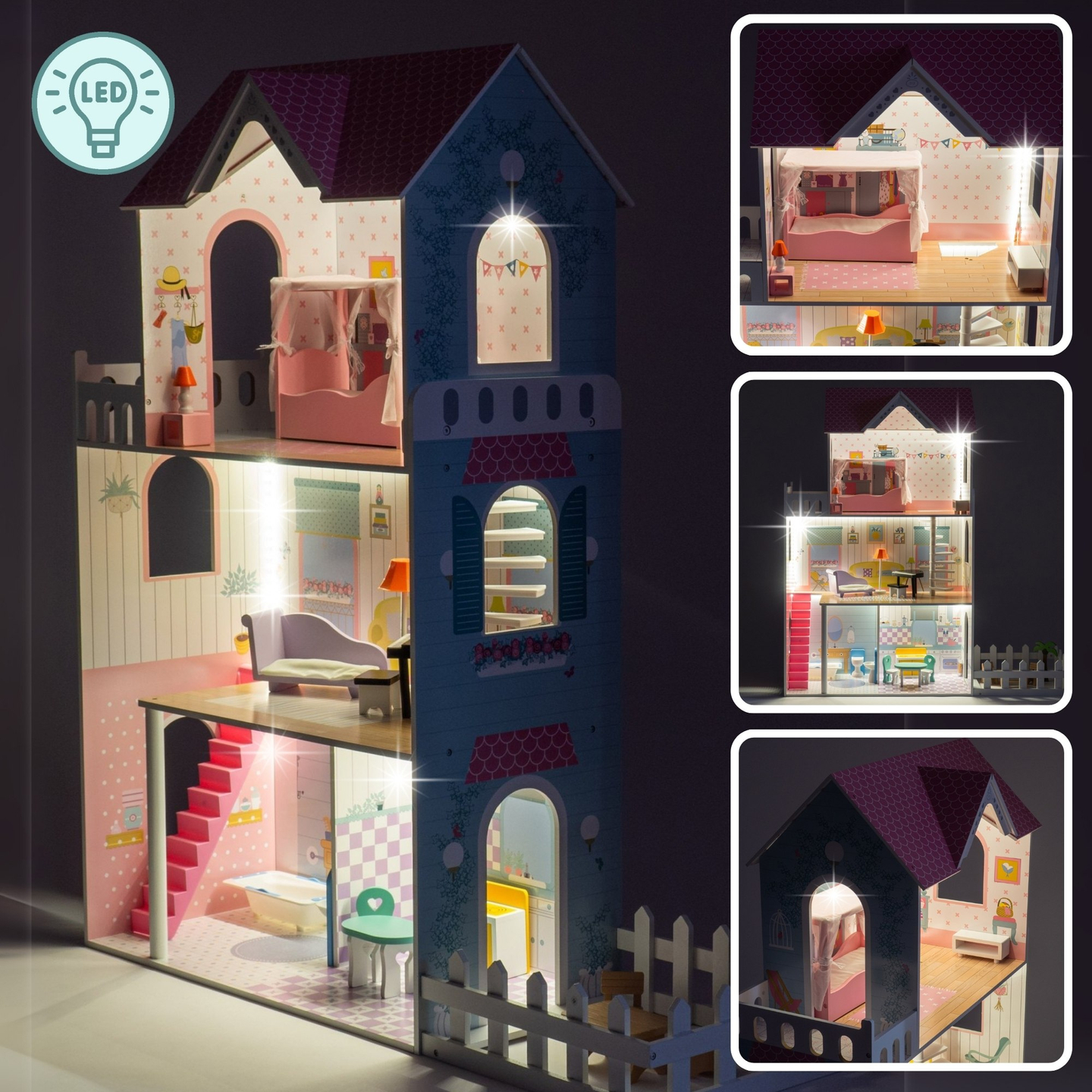 XXL Največja lesena hišica za lutke - 123 cm - LED osvetlitev - terasa, dodatki, vrt