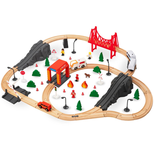 Leseni vlak, vlak na baterije - Gasilci, tiri, avtomobili, mostovi, pregrade