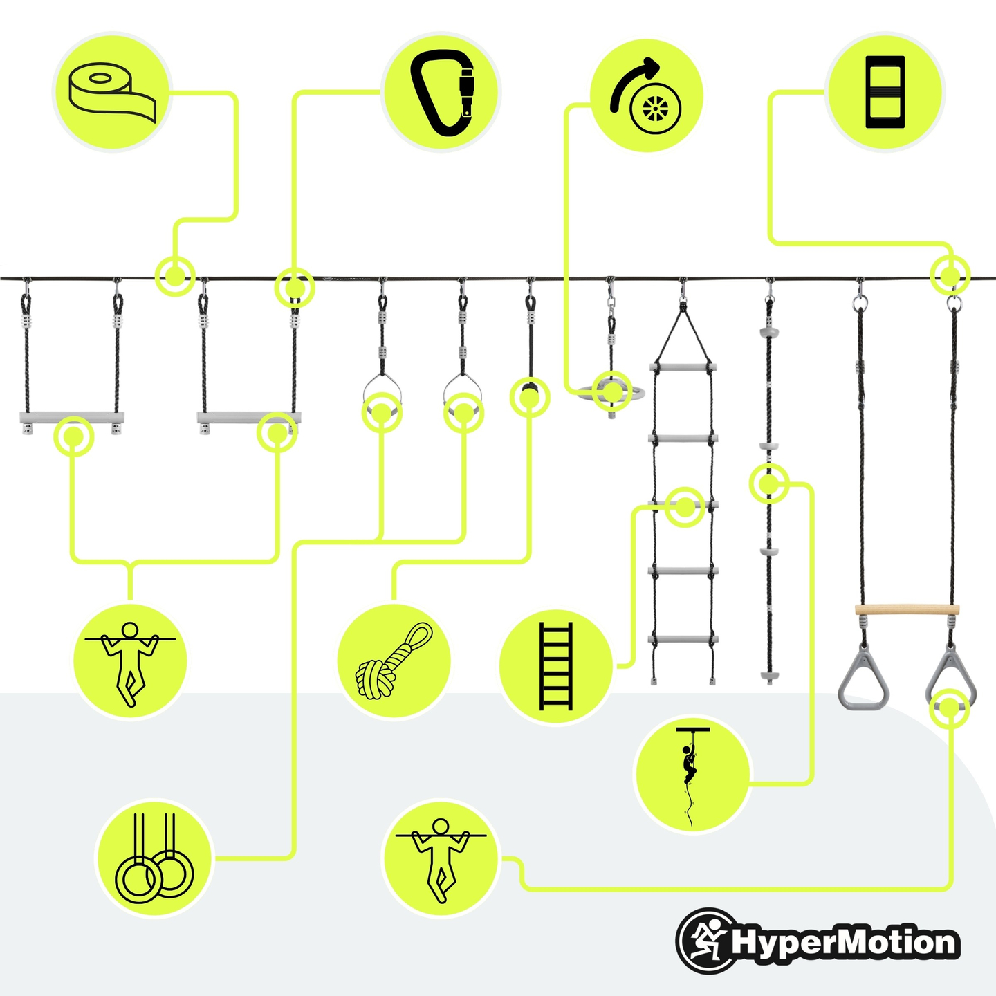 Nindža proga z ovirami za otroke - HyperMotion slackline set - 9 ovir