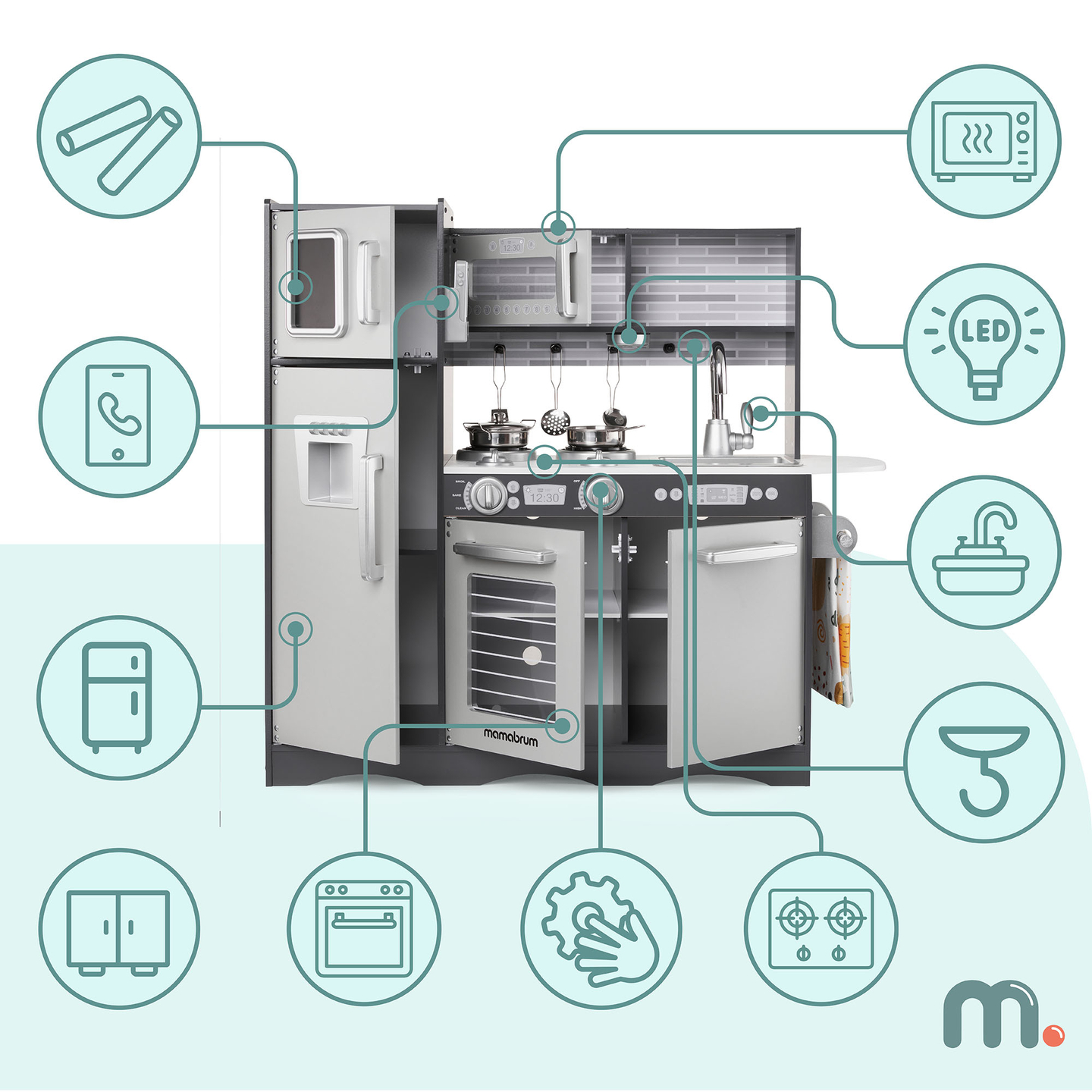 XXL lesena kuhinja z LED osvetlitvijo, predpasnikom in dodatki