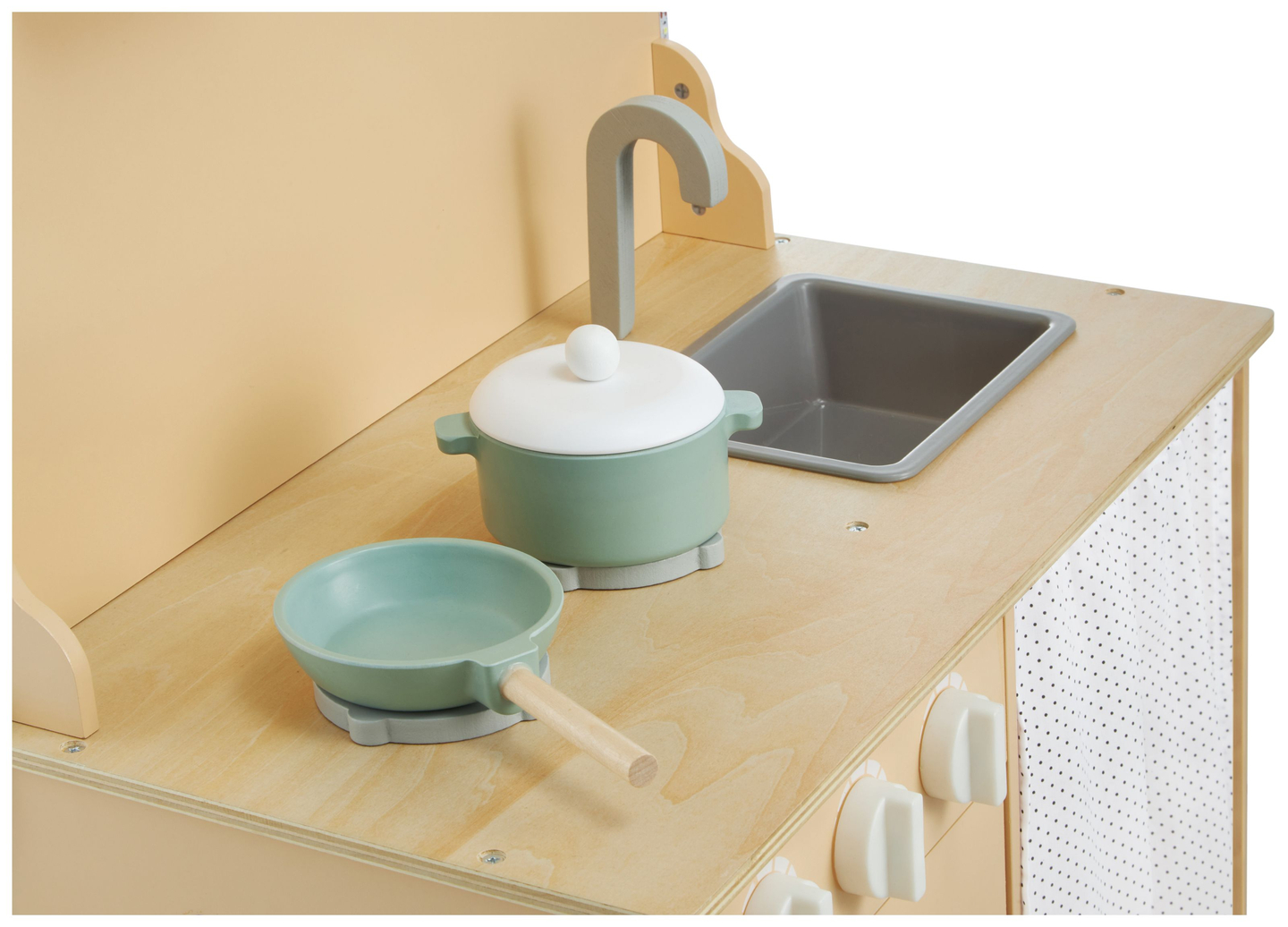 Lesena kuhinja s predpasnikom, dodatki in razsvetljavo LED