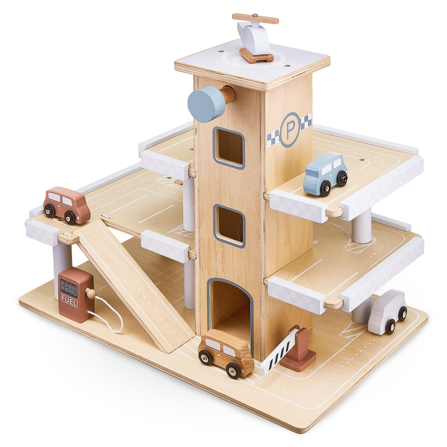 Leseno trinadstropno parkirišče z dvigalom - garaža za avtomobile in helikopter