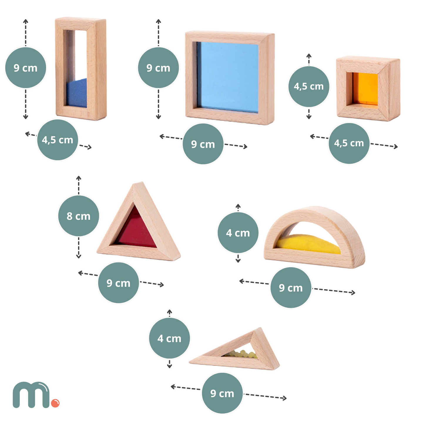 Komplet lesenih senzoričnih blokov z različnimi polnili - 15 kosov