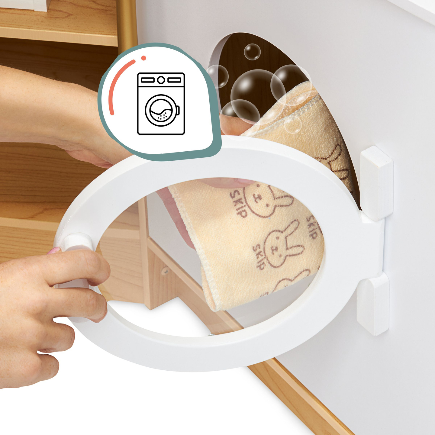 XXXXL velika lesena interaktivna kuhinja z osvetlitvijo LED, pralnim strojem, mikrovalovno pečico, kavnim aparatom ter sadnim in zelenjavnim setom - 50 elementov