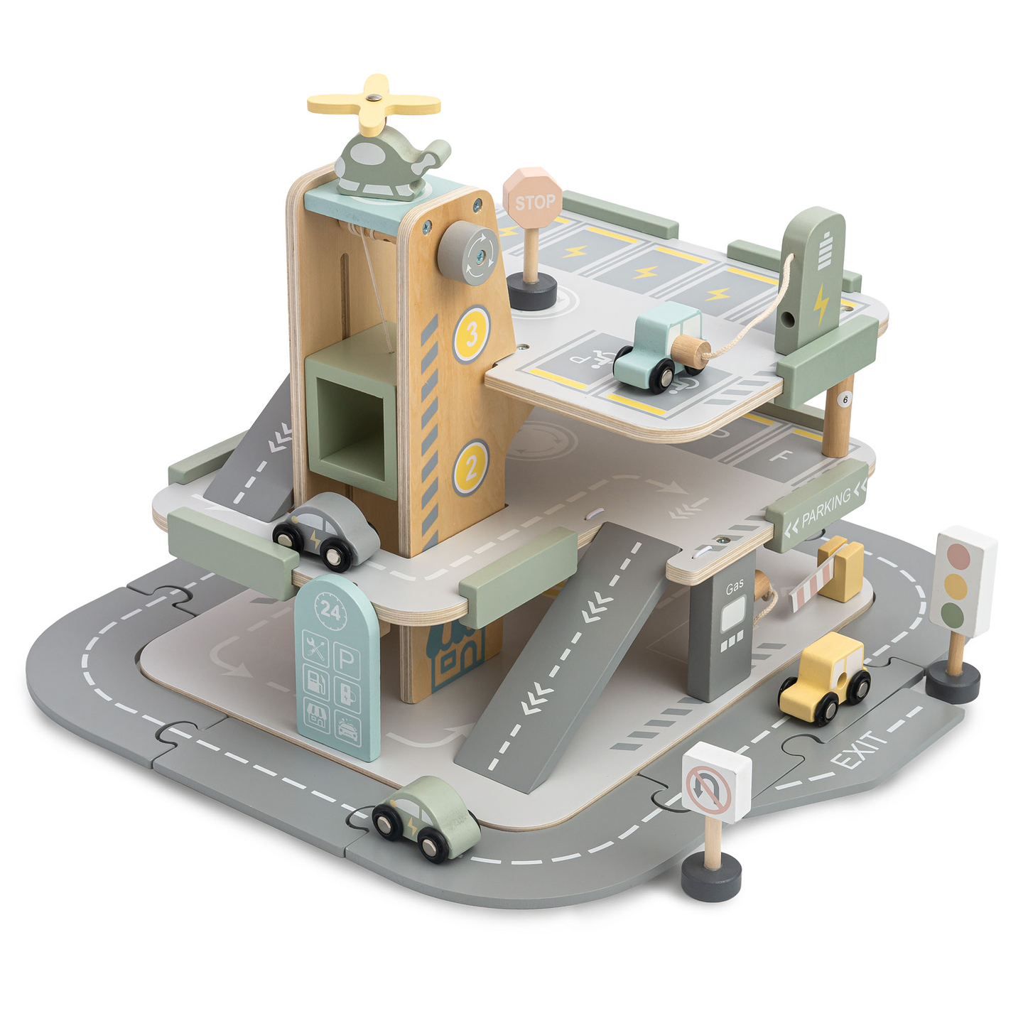 Lesena, trinadstropna garaža za otroke z dodatki – parkirišče, bencinska črpalka, avtopralnica, helikopter