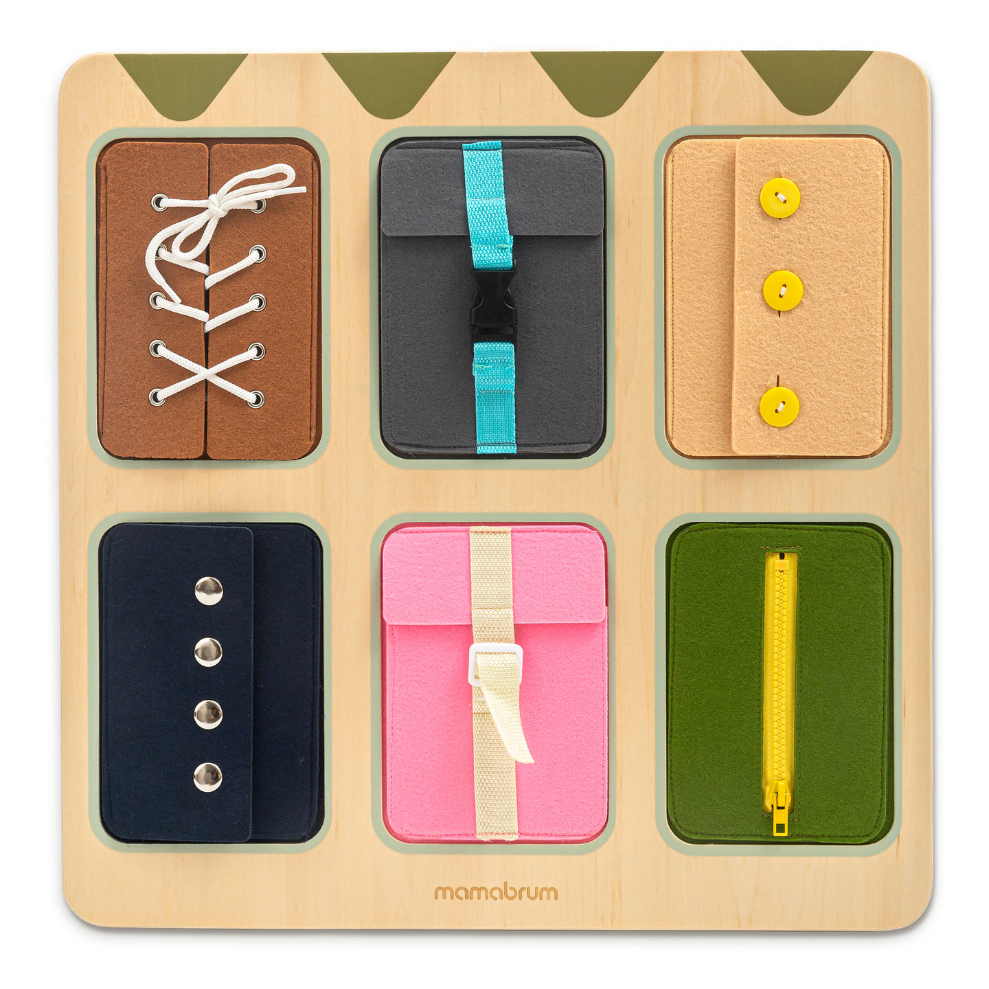 Lesena Montessori manipulativna tabla – senzorično učenje samostojnosti – vezalke, zaponke, gumbi, gumbi za zadrgo