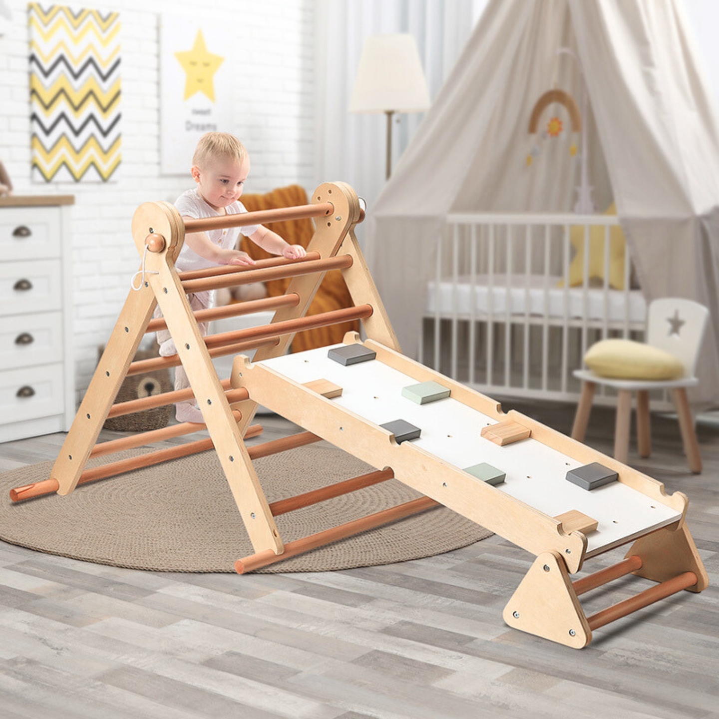 Leseno, domače otroško igrišče - lestev + plezalna stena + ravnotežna gred - Piklerjev trikotnik