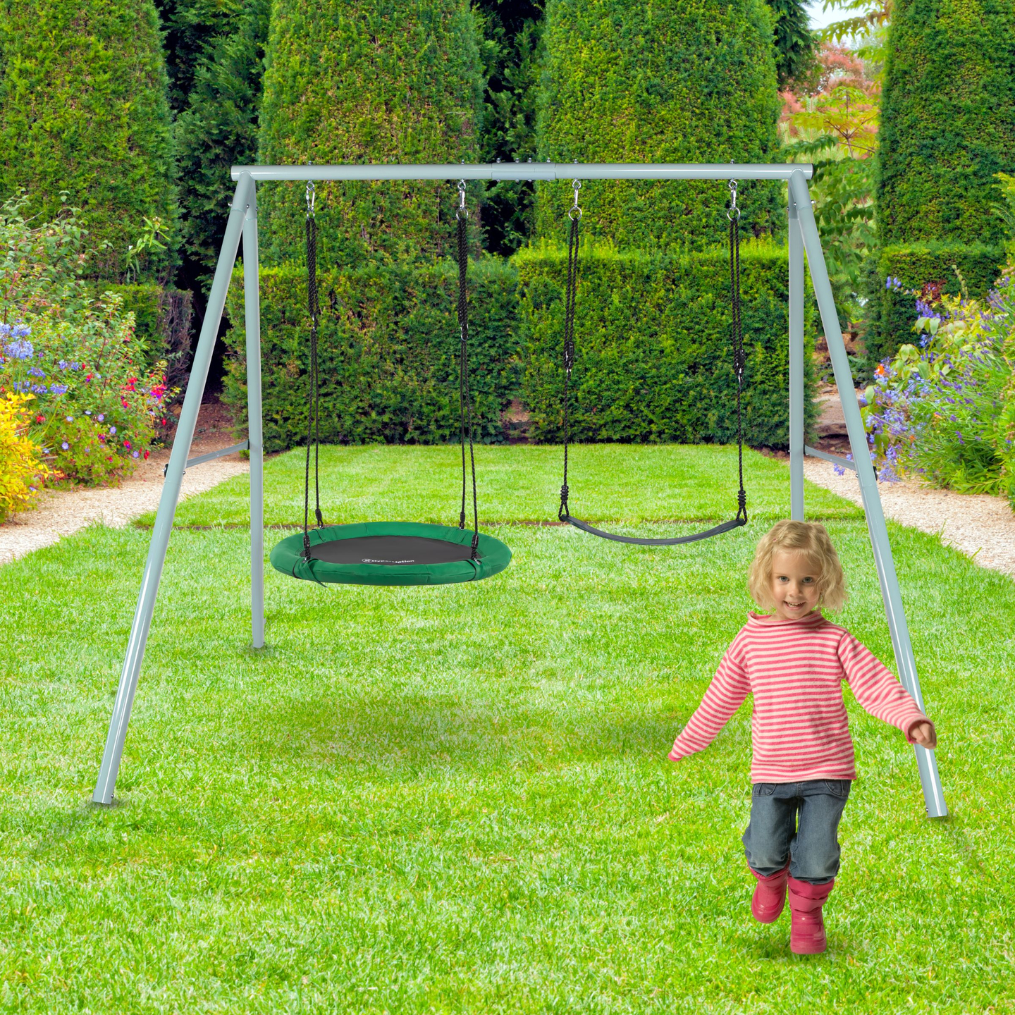 Dvojna vrtna gugalnica z okvirjem in vrvmi - sedež in gnezdo štorklje