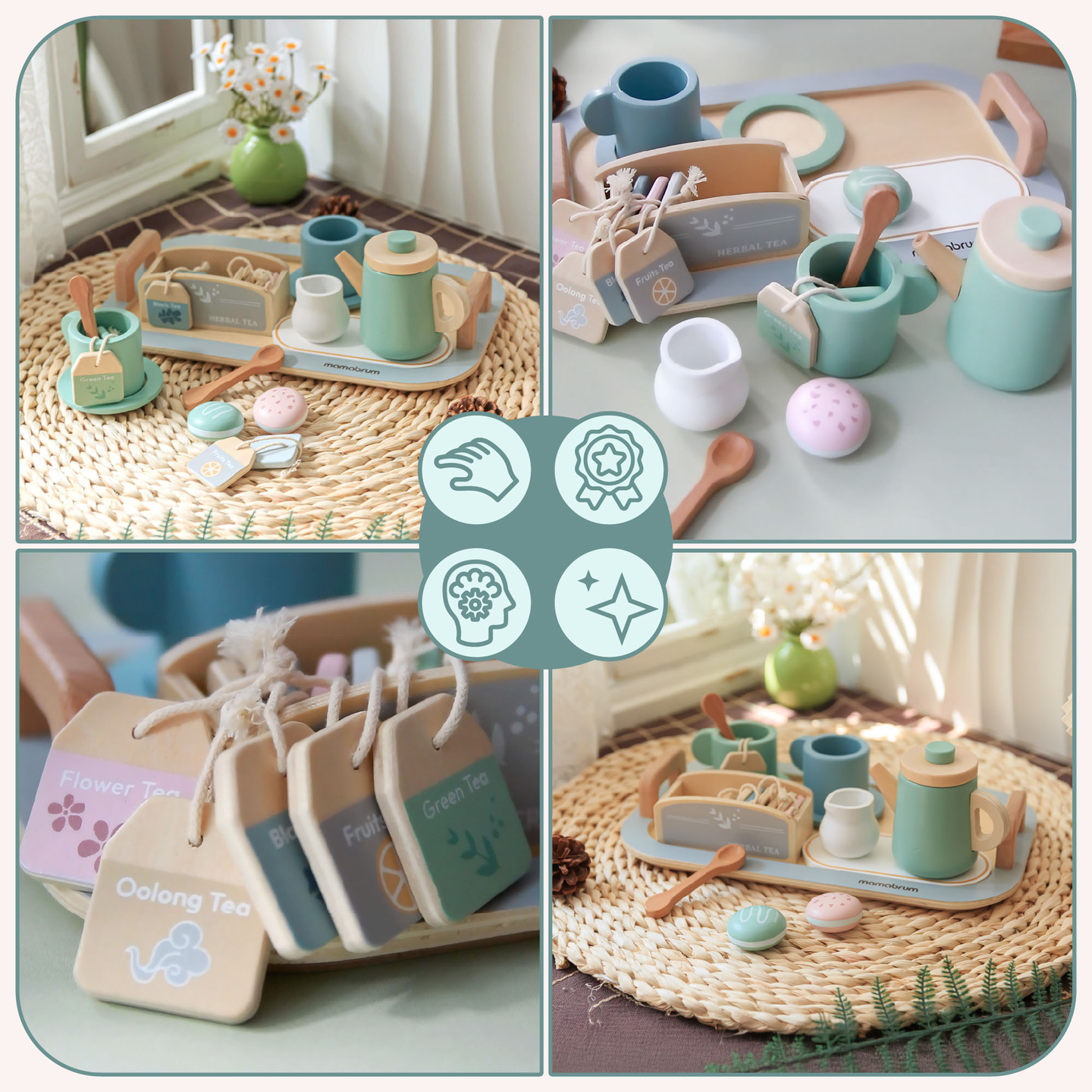 Velik lesen čajni set s pladnjem - 18 kosov