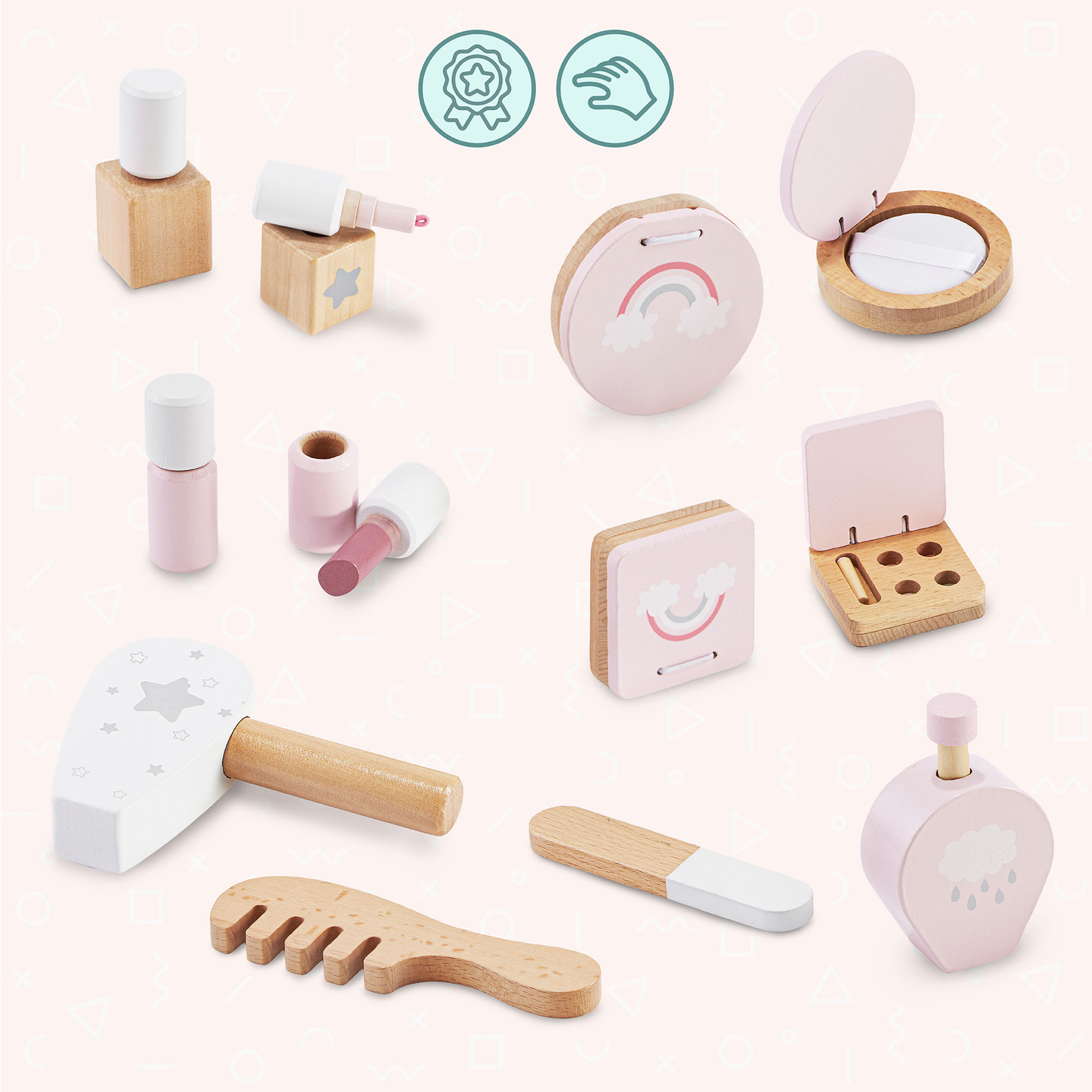 Lesena otroška toaletna mizica z LED osvetlitvijo z gladko nastavitvijo svetlosti, stolom in dodatki