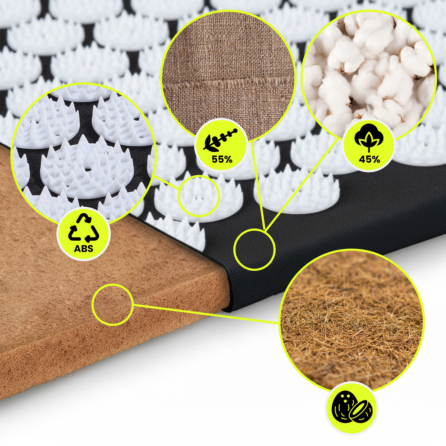 EKO lanena akupresurna podloga s kokosovimi vlakni in ajdovo blazino – 68 cm HyperMotion črno-bela