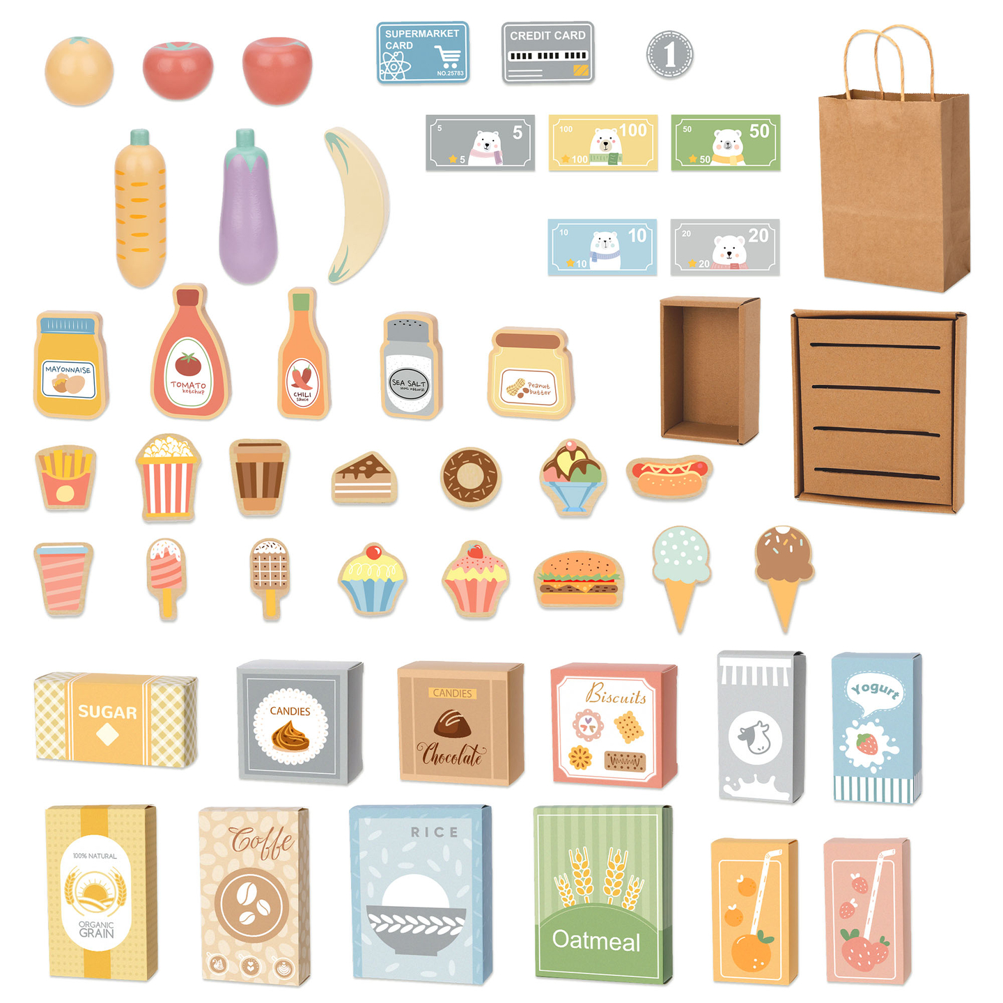 Velika lesena otroška trgovina s tablo - 91 kosov za zabavno nakupovanje!