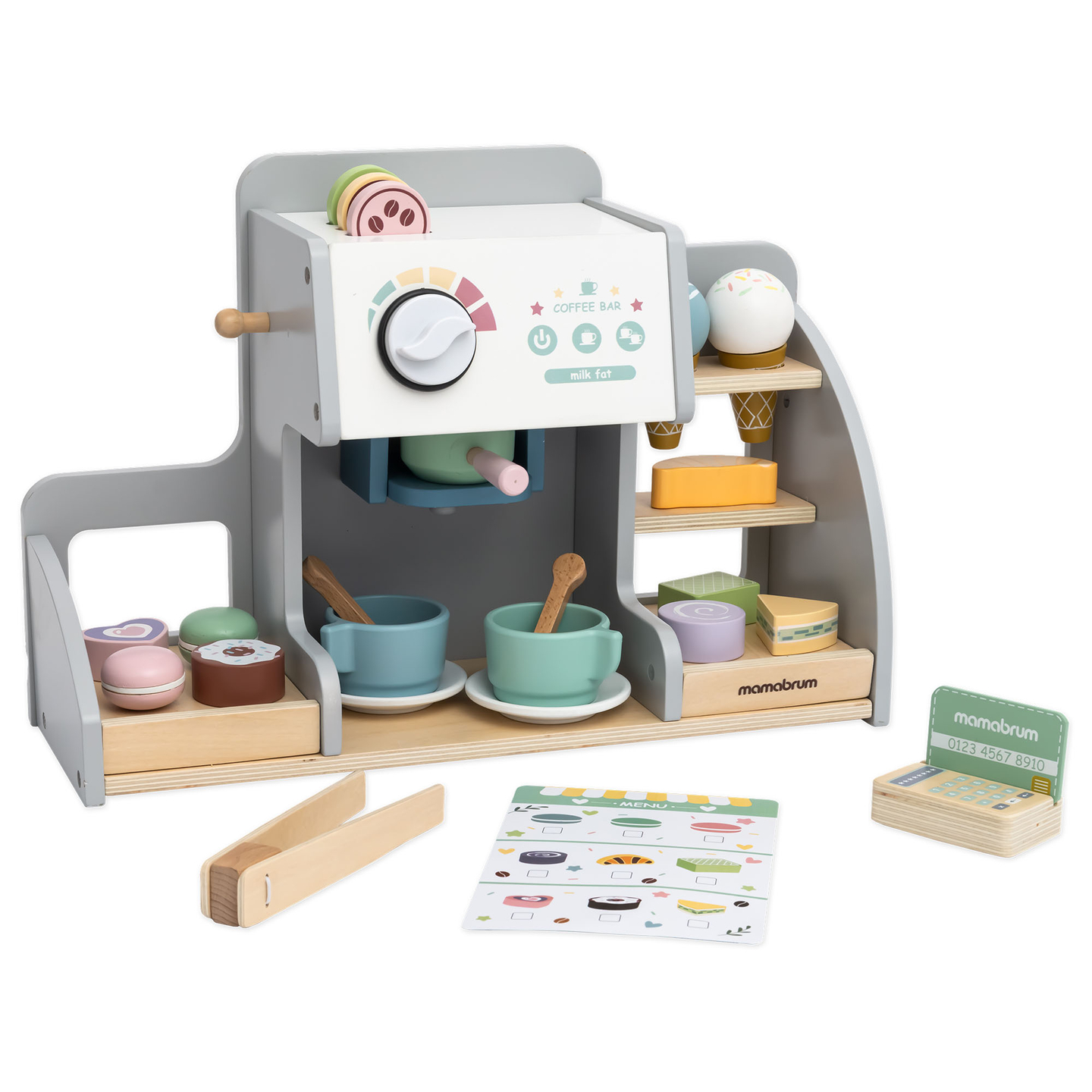 Velika lesena sladoledarna z magnetno tablo, aparatom za kavo ter setom za sladoled in sladice - več kot 70 kosov!