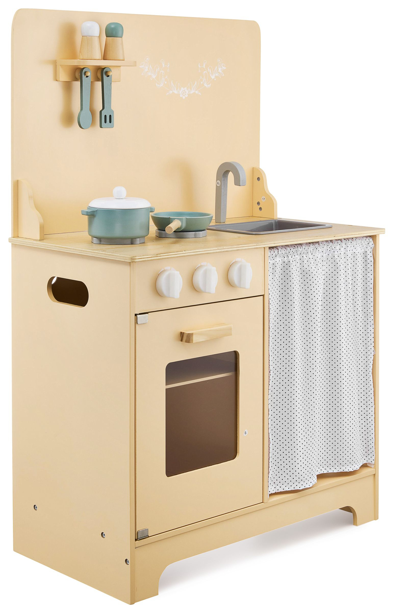 Lesena kuhinja s predpasnikom, dodatki in razsvetljavo LED