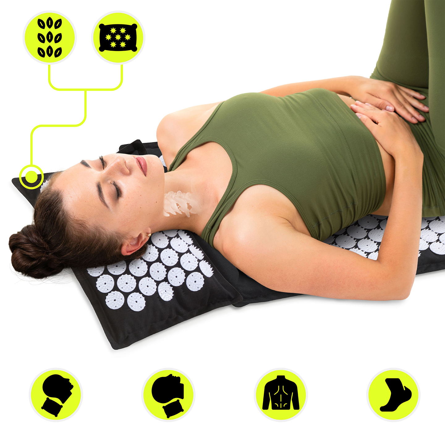 EKO lanena akupresurna podloga s kokosovimi vlakni in ajdovo blazino – 68 cm HyperMotion črno-bela