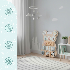 Lesena manipulativna tabla Montessori medvedek - senzorično učenje samostojnosti: ježek, čep, labirint, gumb za klikanje