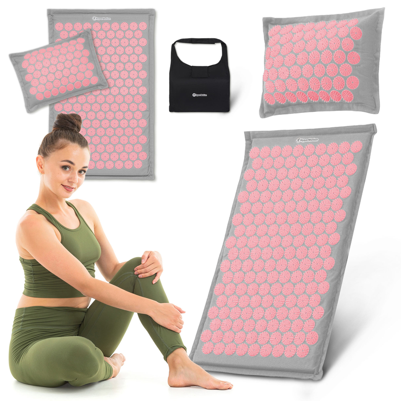 EKO lanena akupresurna podloga s kokosovimi vlakni in ajdovo blazino – 68 cm HyperMotion siva in roza