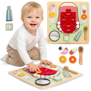 Lesena Montessori izobraževalna tabla Mali zobozdravnik - zobna ščetka, zobna pasta, odstranljivi zobje, ogledalo, hrana, učni okusi