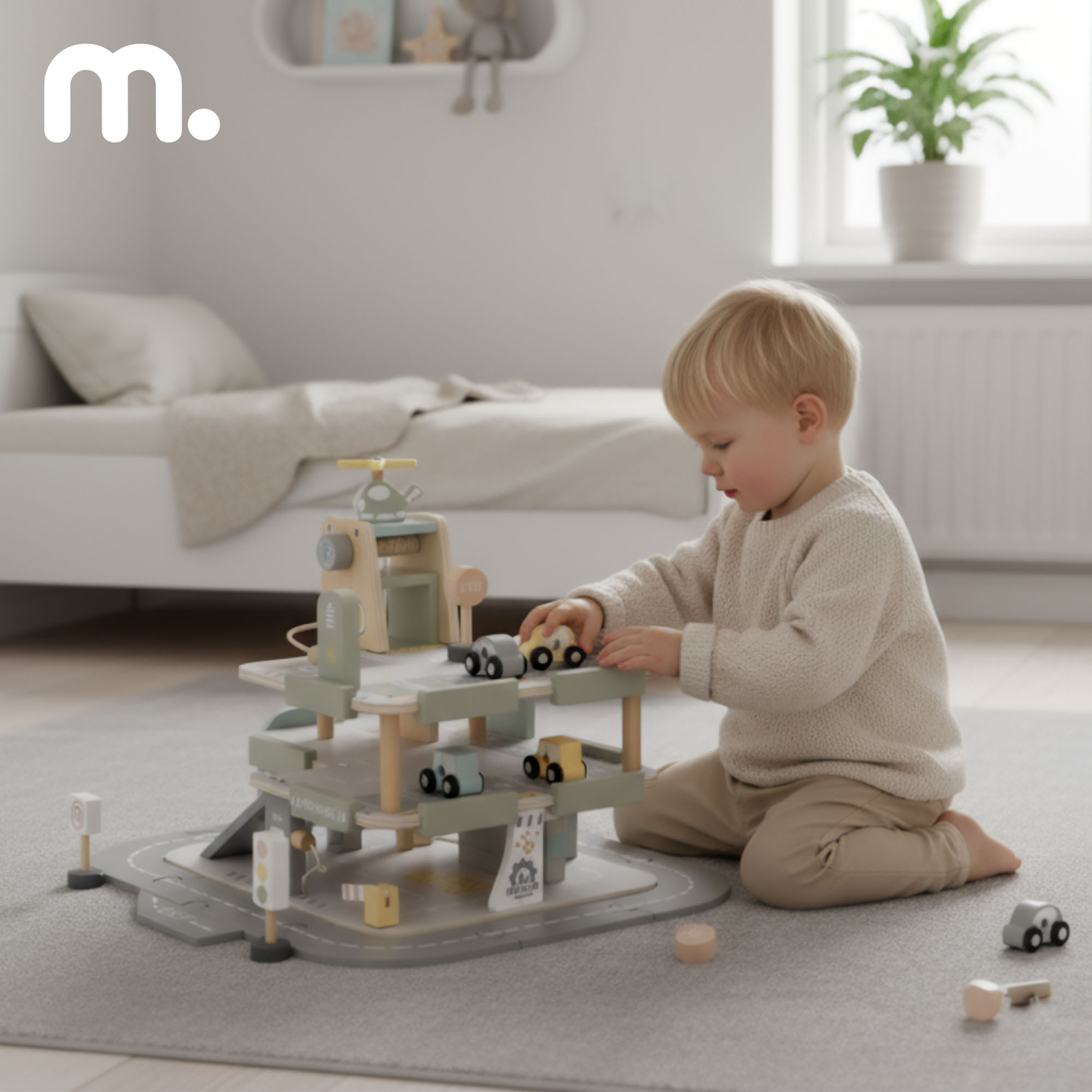 Lesena, trinadstropna garaža za otroke z dodatki – parkirišče, bencinska črpalka, avtopralnica, helikopter