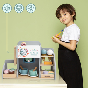 Velika lesena sladoledarna z magnetno tablo, aparatom za kavo ter setom za sladoled in sladice - več kot 70 kosov!