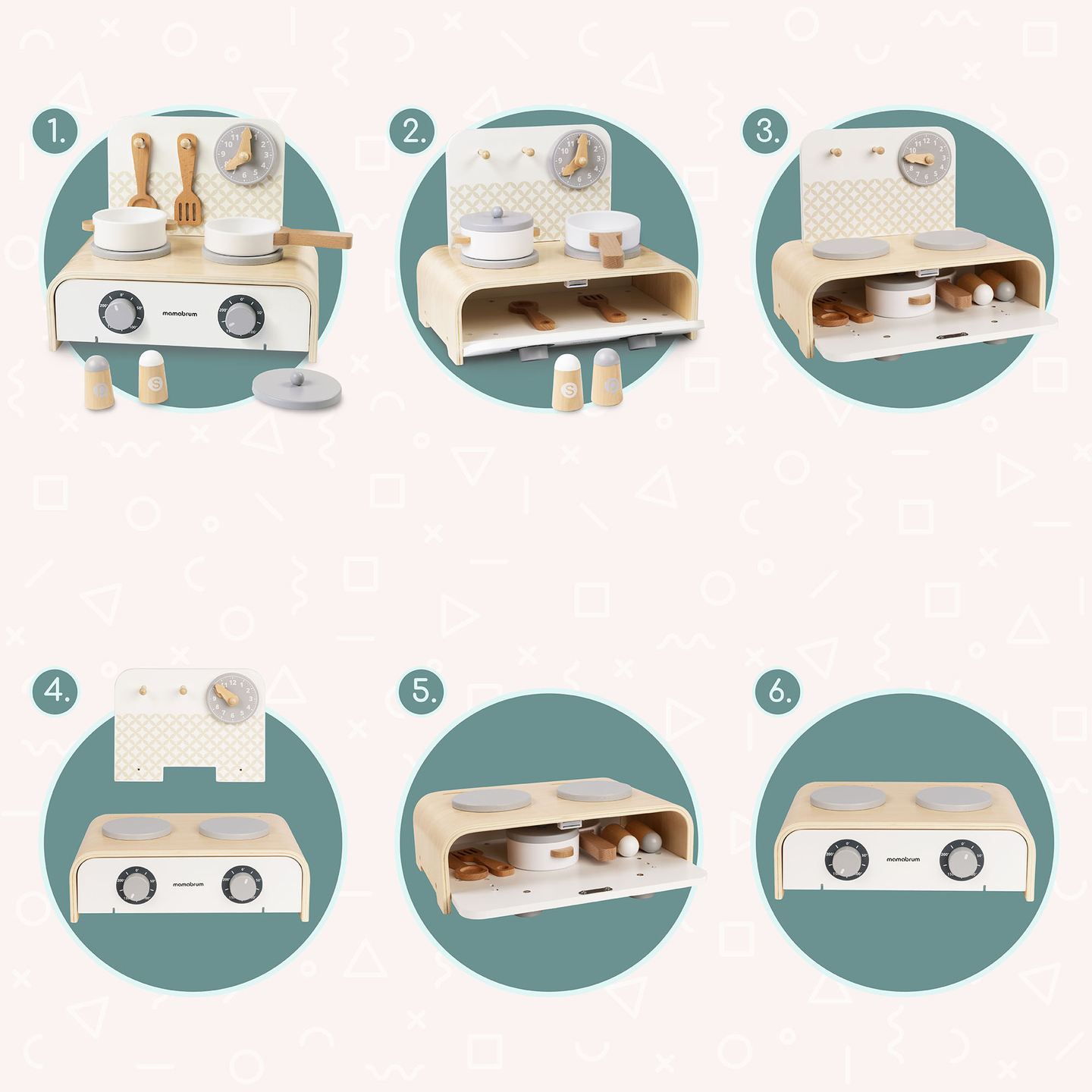 Mamabrum lesena zložljiva kuhinja za otroke - komplet z lonci, kuhinjskimi dodatki in shrambo