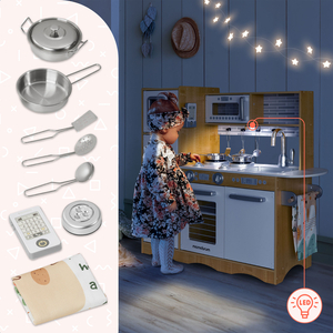 XXL lesena kuhinja z LED osvetlitvijo, predpasnikom in dodatki