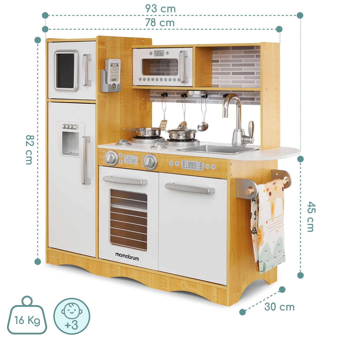 XXL lesena kuhinja z LED osvetlitvijo, predpasnikom in dodatki