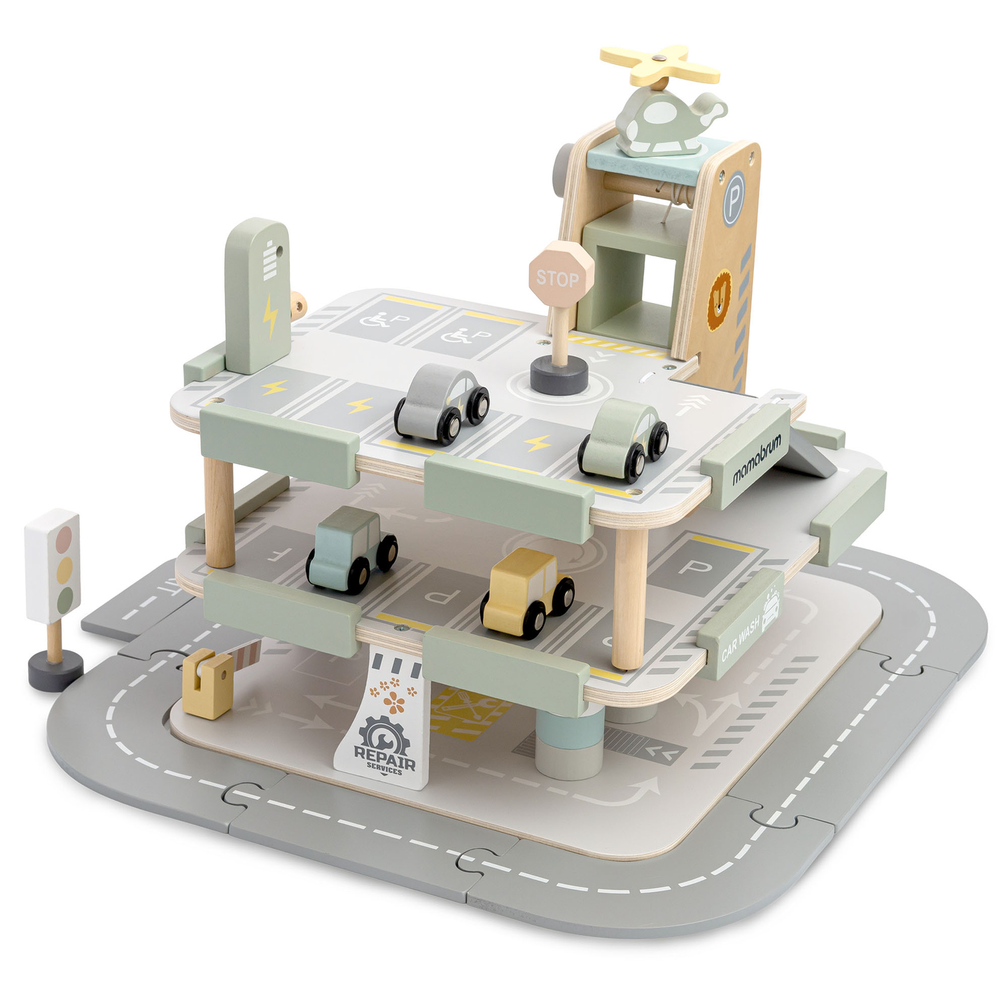 Lesena, trinadstropna garaža za otroke z dodatki – parkirišče, bencinska črpalka, avtopralnica, helikopter